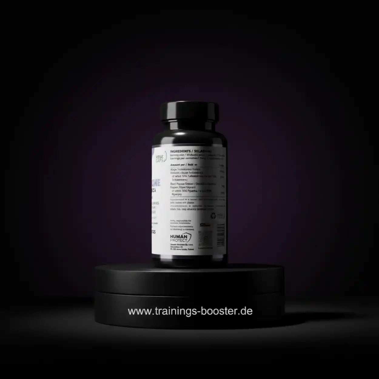 Nahrungsergänzungsmittel in schwarzer Flasche mit Zutatenliste, ideal für Sportler und Fitness-Enthusiasten