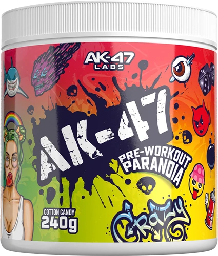 AK-47 Labs Pre-Workout Paranoia Cotton Candy 240g – farbenfrohe Dose mit Graffiti-Design für Sportnahrung