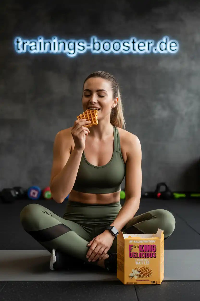 Frau isst Protein-Waffeln von AllNutrition im Fitnessstudio, ideal als Trainingssnack oder Booster