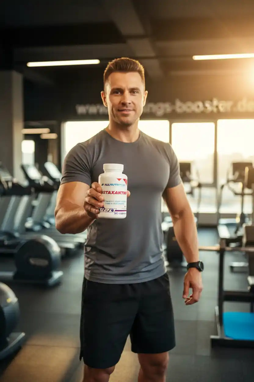 Muskulöser Mann im Fitnessstudio hält Astaxanthin-Kapseln, ideal für Sportler und Fitness-Enthusiasten.