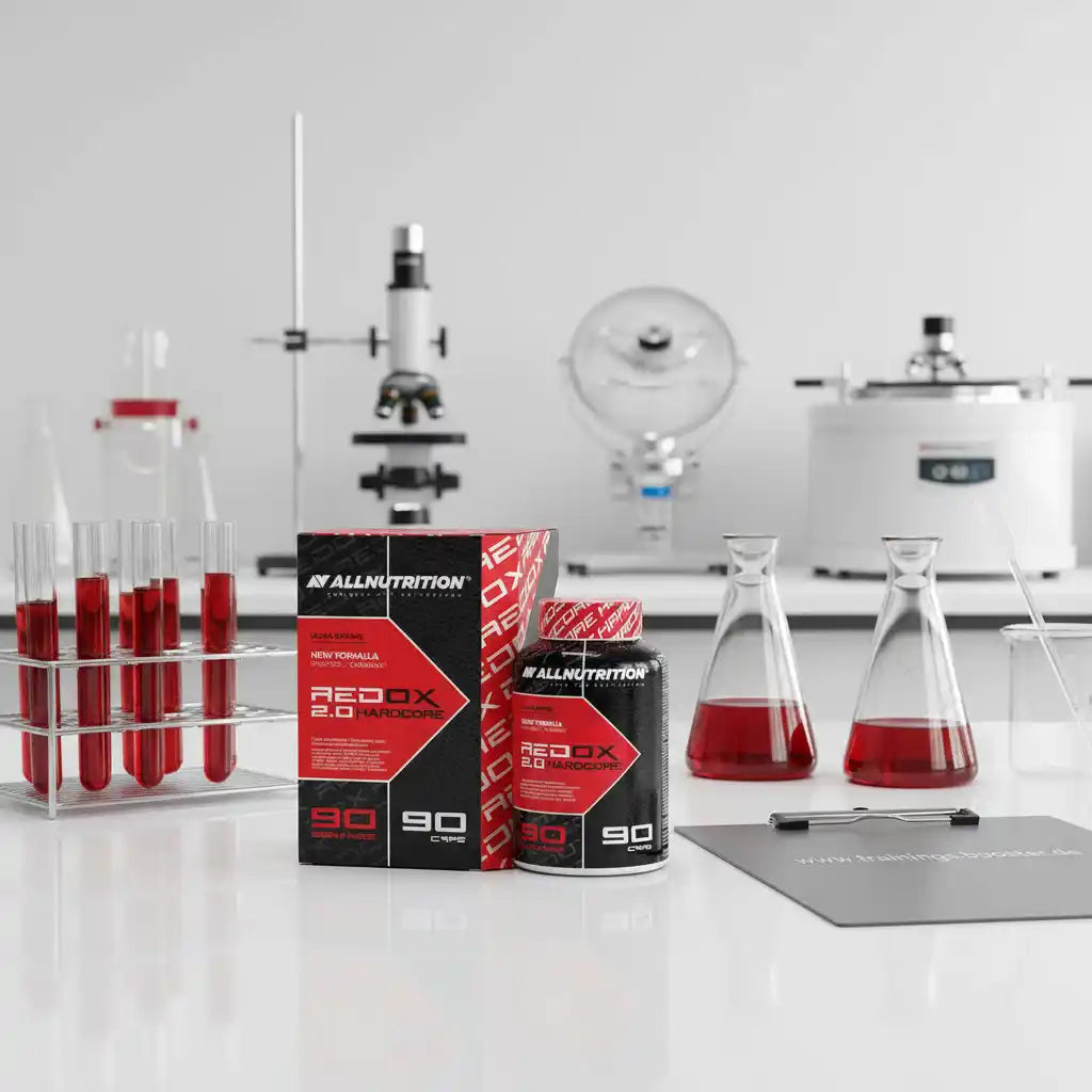 AllNutrition Redox 2.0 Hardcore Booster in Laborumgebung mit Röhrchen und Flaschen
