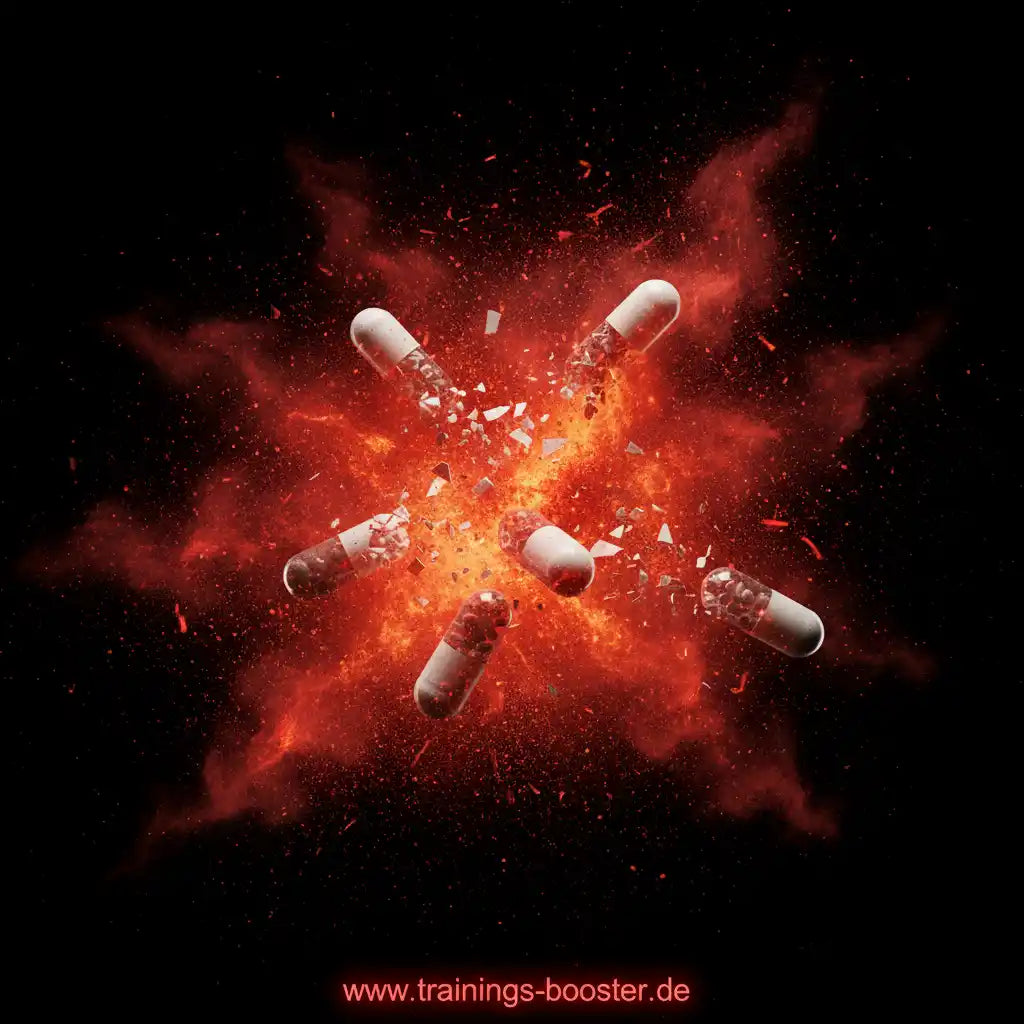 Explosive Kapseln mit rotem Feuer-Effekt – Booster & Sportnahrung für maximale Wirkung