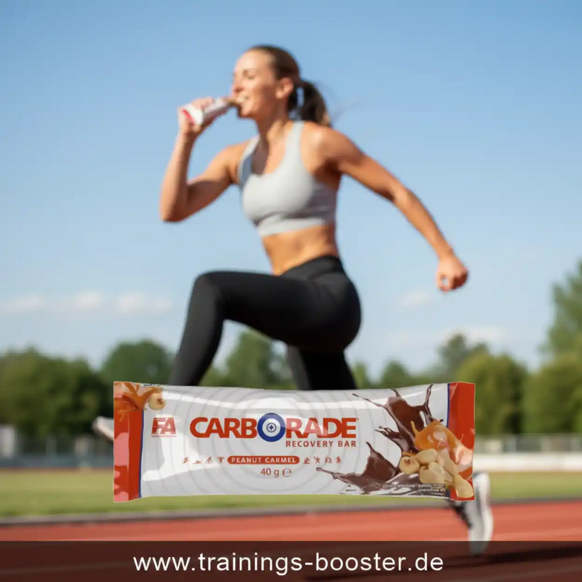 FA Nutrition Carborade Recovery Bar Peanut Carmel vor einer Sportlerin auf einer Laufbahn