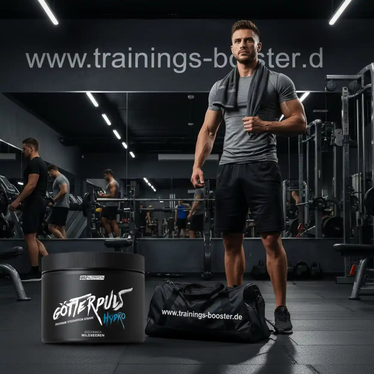 Muskulöser Mann im Fitnessstudio mit Götterpuls Hydro Booster und Trainingsbag, ideal für Sport & Fitness