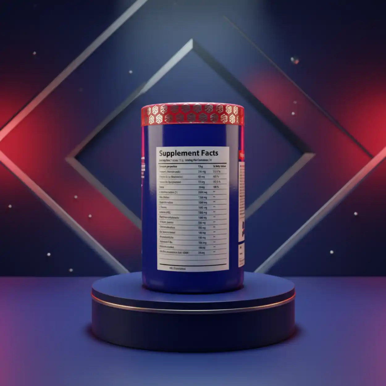Blaue Dose mit Supplement Facts für Nahrungsergänzungsmittel auf Podest.