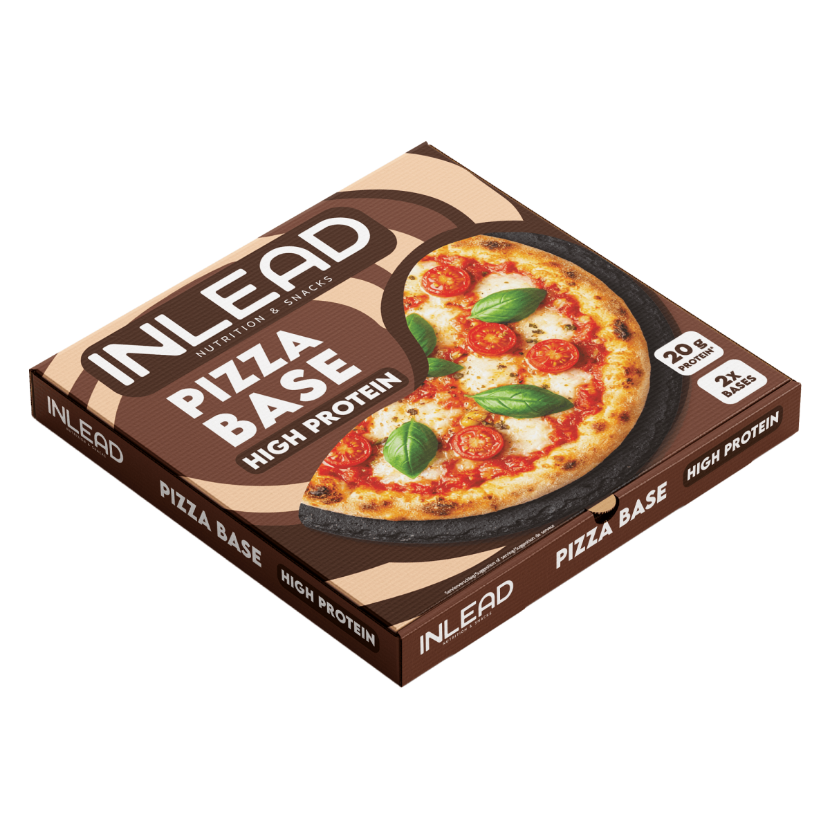 Inlead Nutrition Protein Pizza Base Verpackung mit einer belegten Protein-Pizza