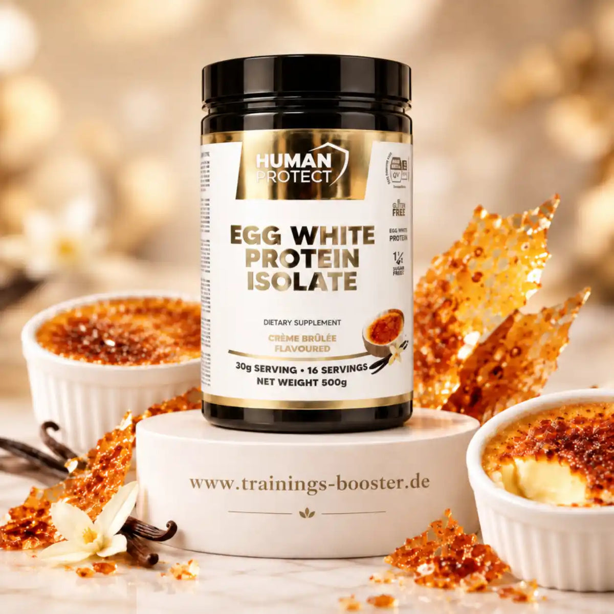 Human Protect Egg White Protein Isolate im Geschmack Crème Brûlée mit Dessert-Dekoration