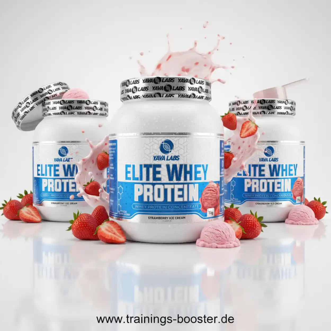Elite Whey Protein Erdbeer-Eiscreme von Yava Labs mit frischen Erdbeeren und Milchspritzern