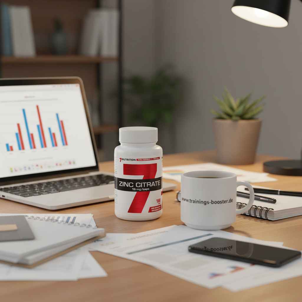 Zink Citrat Nahrungsergänzungsmittel auf Schreibtisch neben Laptop und Tasse