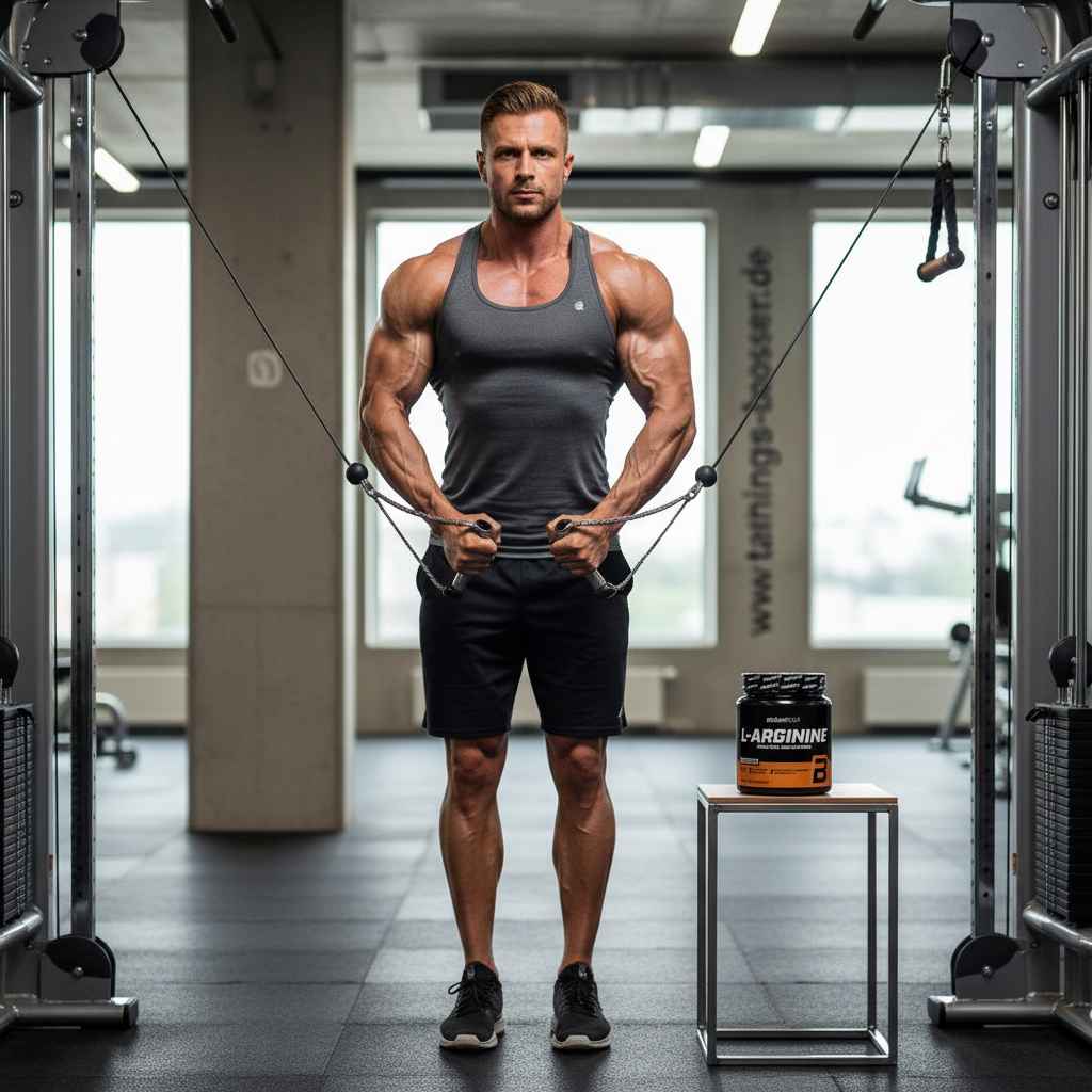 Muskulöser Mann im Fitnessstudio mit L-Arginin Booster für Training und Muskelaufbau