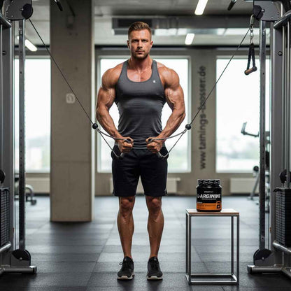 Muskulöser Mann im Fitnessstudio mit L-Arginin Booster für Training und Muskelaufbau