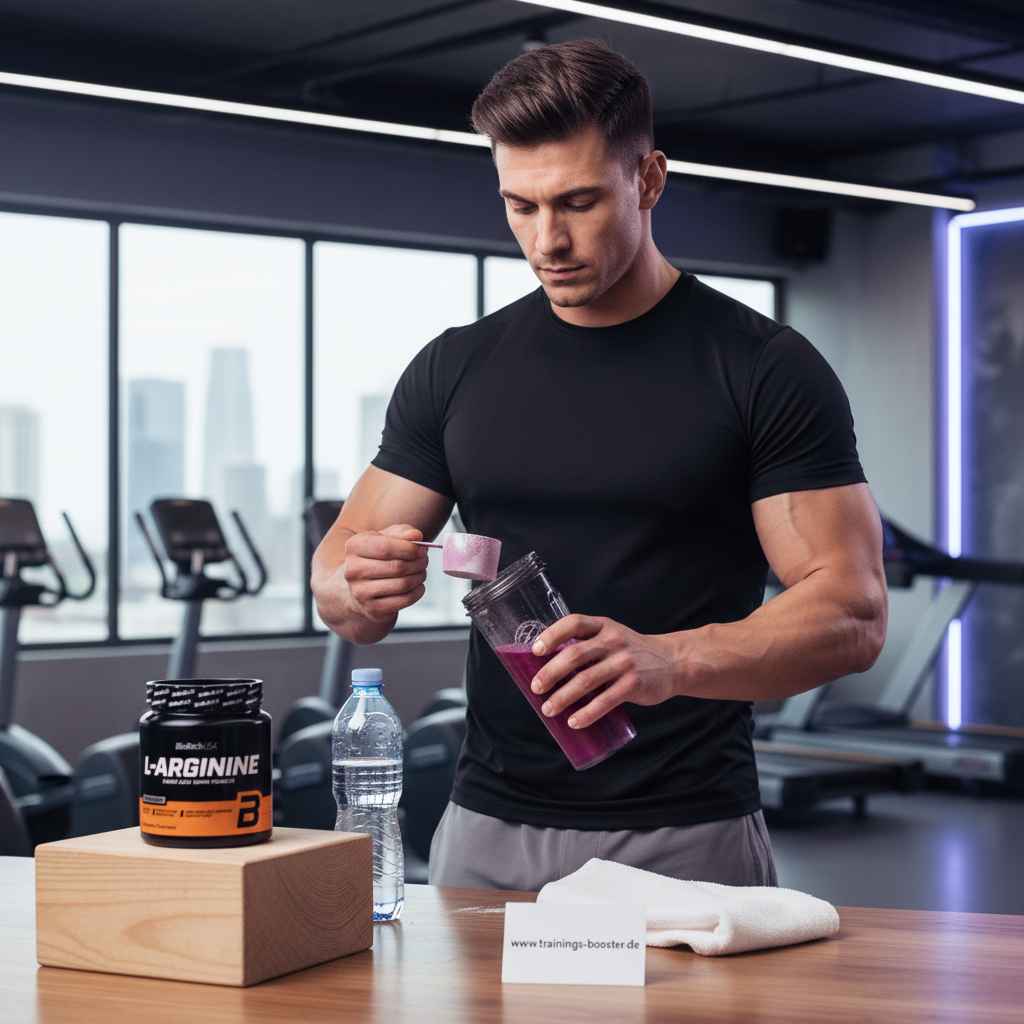 Muskulöser Mann bereitet L-Arginin-Booster in der Fitnessstudio-Umgebung vor – ideal für Training und Muskelaufbau.