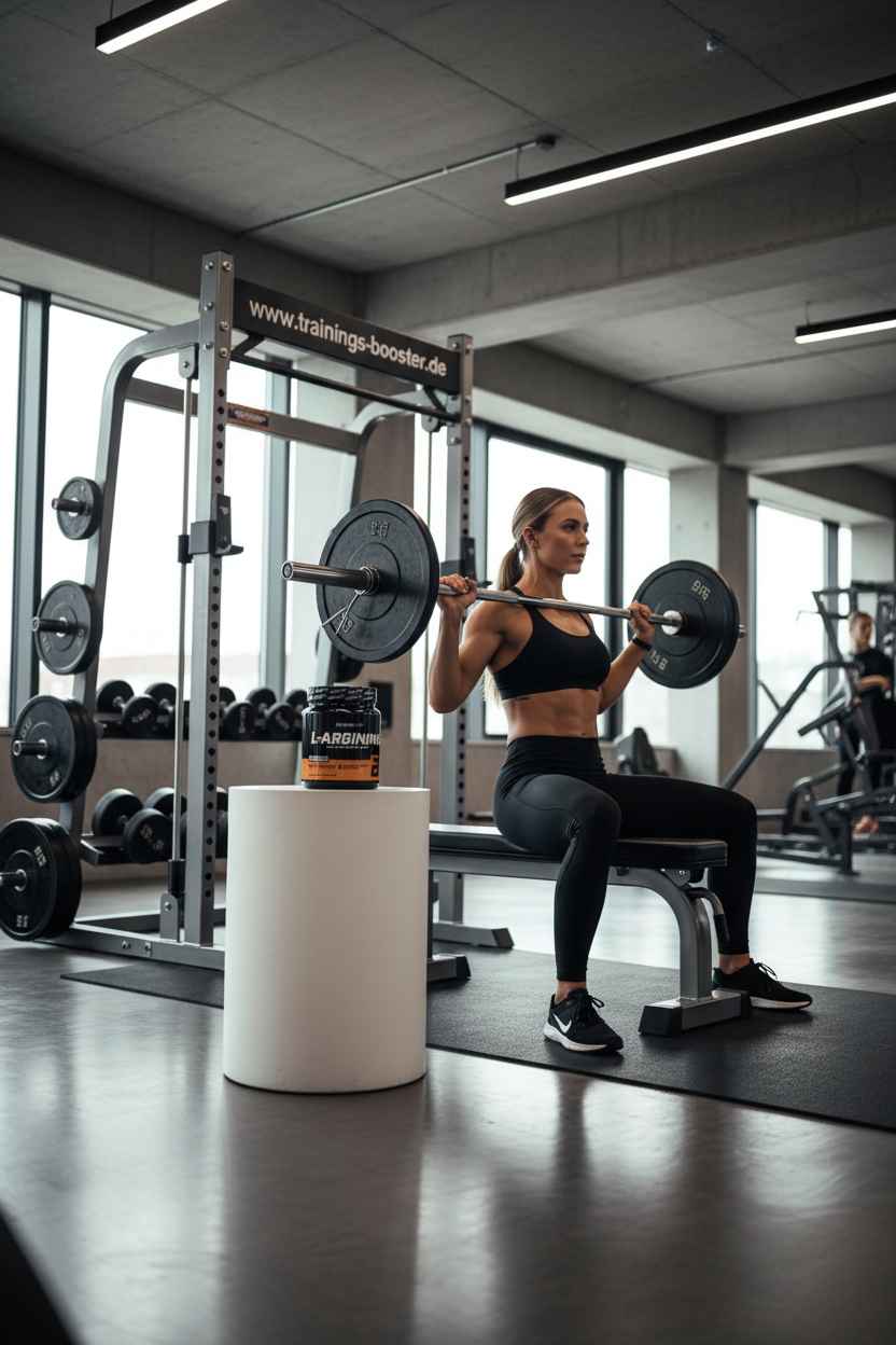 Frau beim Krafttraining mit Langhantel im Fitnessstudio, L-Arginin Booster daneben