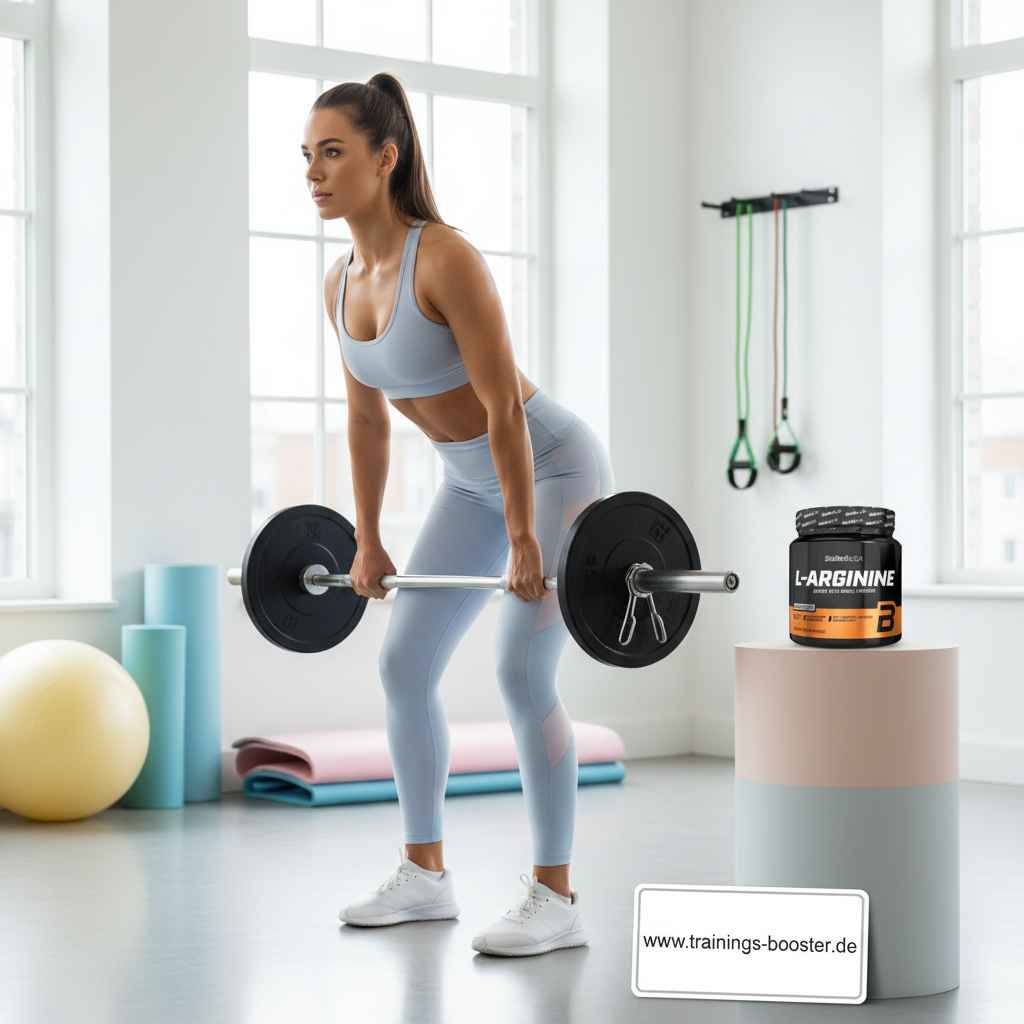 Frau beim Krafttraining mit Langhantel und L-Arginin Booster für Muskelaufbau und Fitness