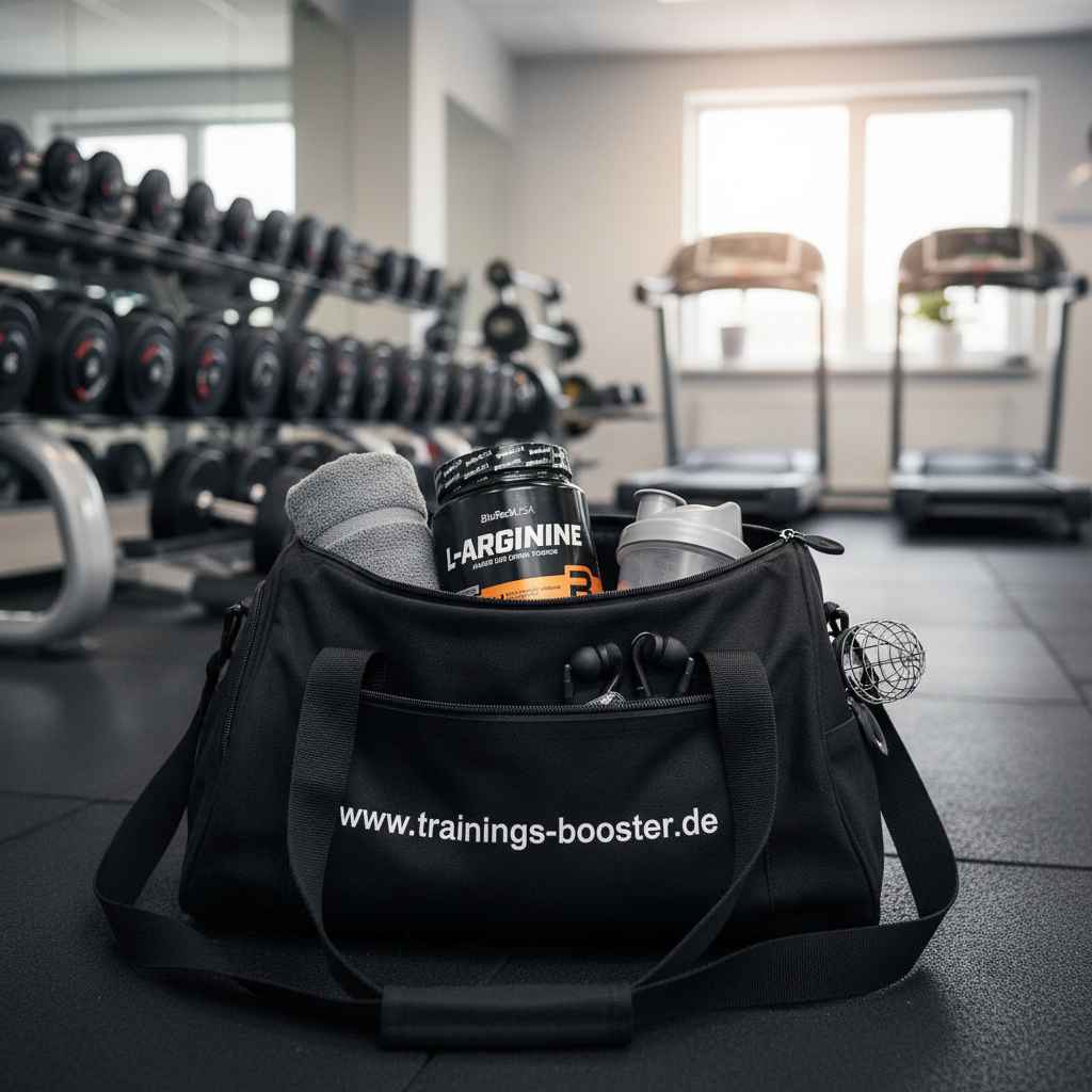 Trainingsbooster Sporttasche mit L-Arginin, Shaker und Fitnesszubehör im Gym