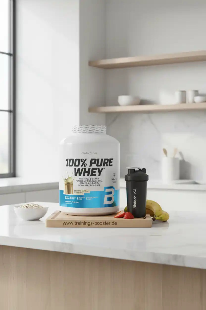 100% Pure Whey Protein von BiotechUSA mit Shaker, Banane und Erdbeeren auf Küchenarbeitsplatte