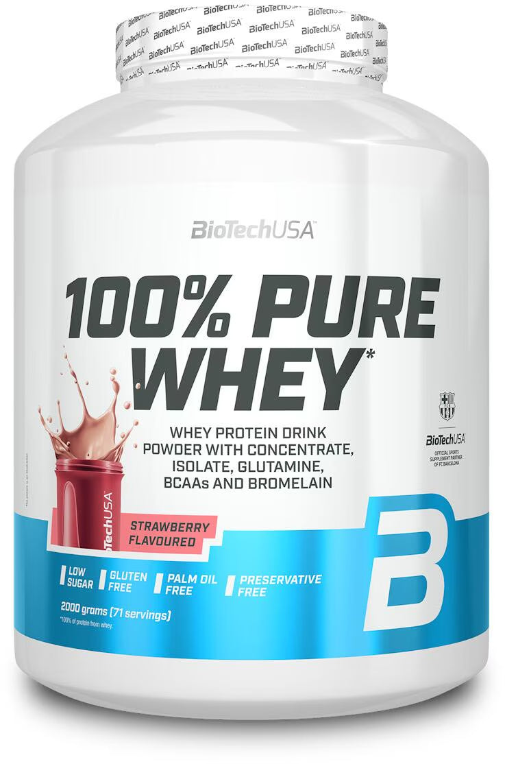 BioTechUSA 100% Pure Whey Protein Powder, Erdbeer-Geschmack, Low Sugar, Glutenfrei, 2000g