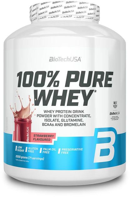 BioTechUSA 100% Pure Whey Protein Powder, Erdbeer-Geschmack, Low Sugar, Glutenfrei, 2000g