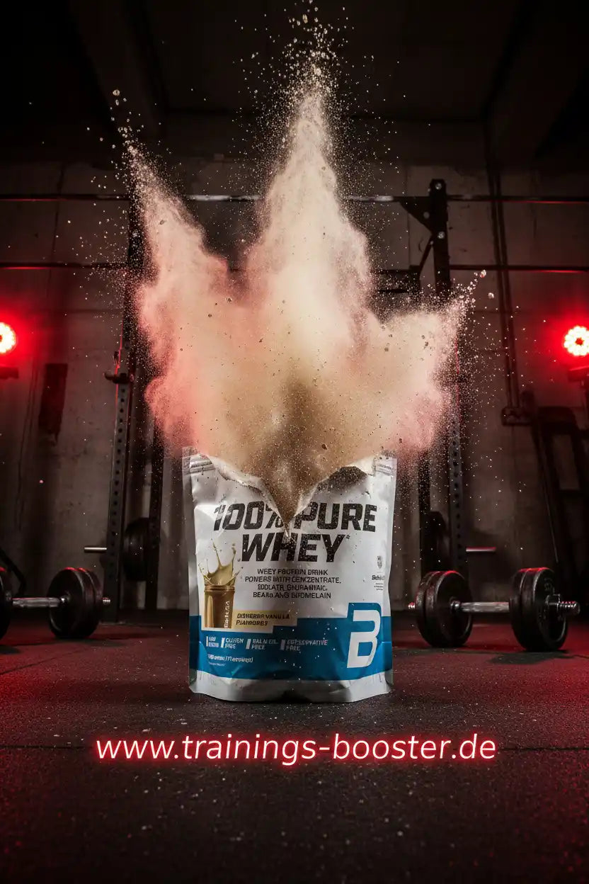 100% Pure Whey Protein Pulver explodiert im Fitnessstudio, ideal für Muskelaufbau und Training