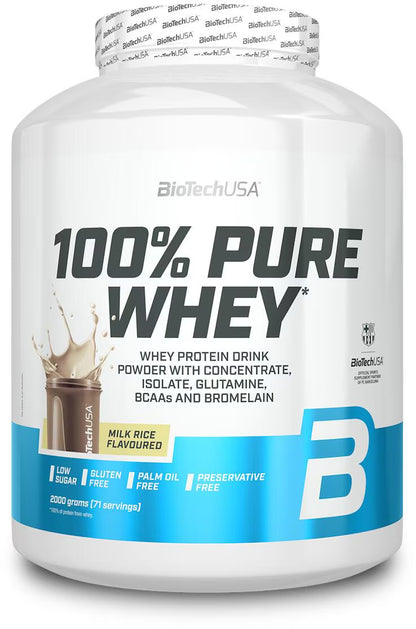 BioTechUSA 100% Pure Whey Protein Powder, Milchreis-Geschmack, glutenfrei, low sugar, 2000g