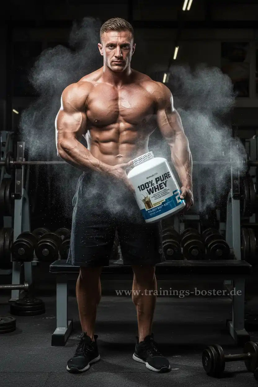 Muskulöser Mann mit 100% Pure Whey Protein im Fitnessstudio, ideal für Muskelaufbau und Training