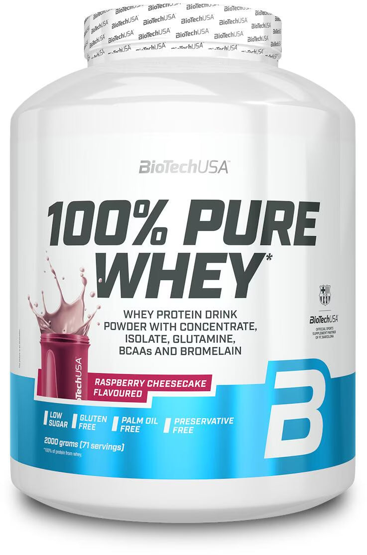 BioTechUSA 100% Pure Whey Protein Pulver, Himbeer-Käsekuchen Geschmack, glutenfrei, low sugar
