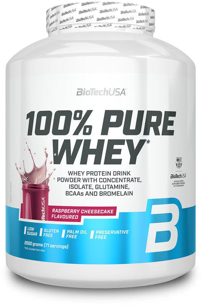 BioTechUSA 100% Pure Whey Protein Pulver, Himbeer-Käsekuchen Geschmack, glutenfrei, low sugar