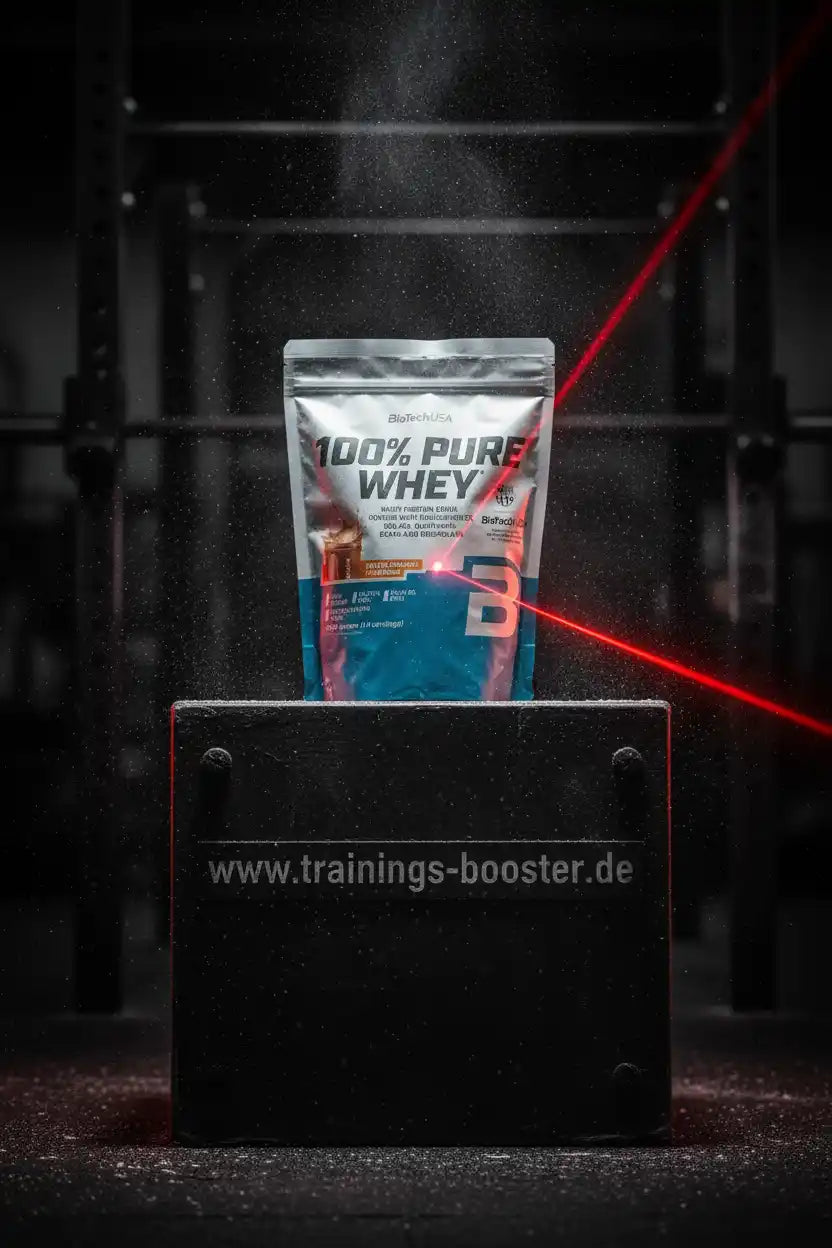 100% Pure Whey Protein von BioTechUSA auf Trainingsbox mit rotem Laserstrahl im Fitnessstudio