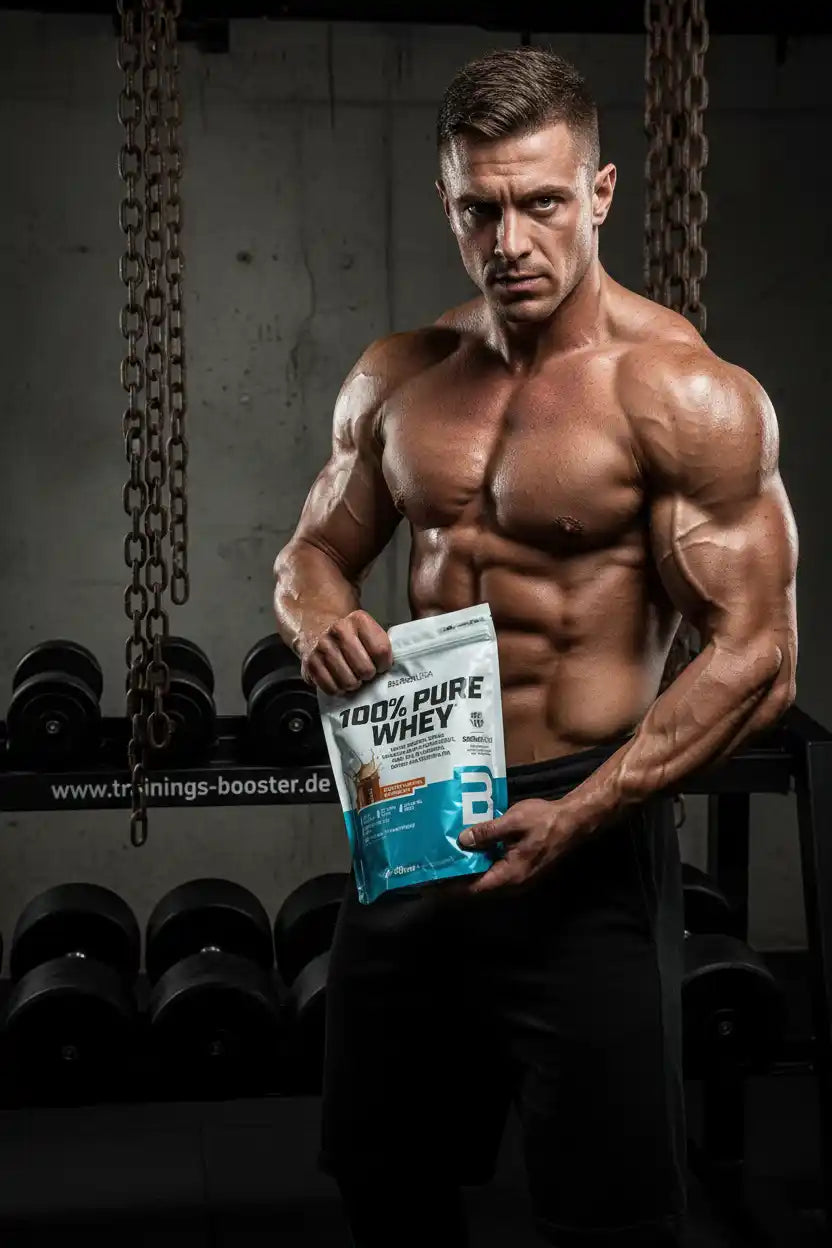 Muskulöser Athlet mit 100% Pure Whey Protein in der Turnhalle – ideal für Muskelaufbau und Training