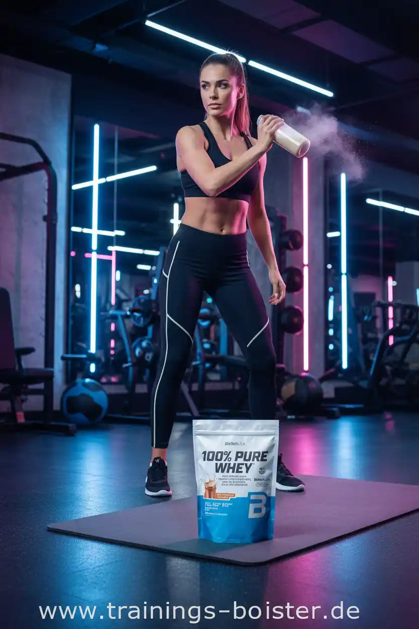 Frau im Fitnessstudio mit 100% Pure Whey Protein und Shaker – ideal für Muskelaufbau und Training