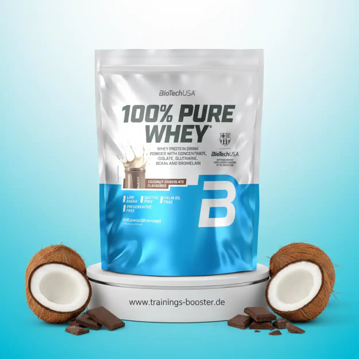 BioTechUSA 100% Pure Whey Protein Pulver, Kokos-Schokoladen-Geschmack, mit Kokosnüssen und Schokolade