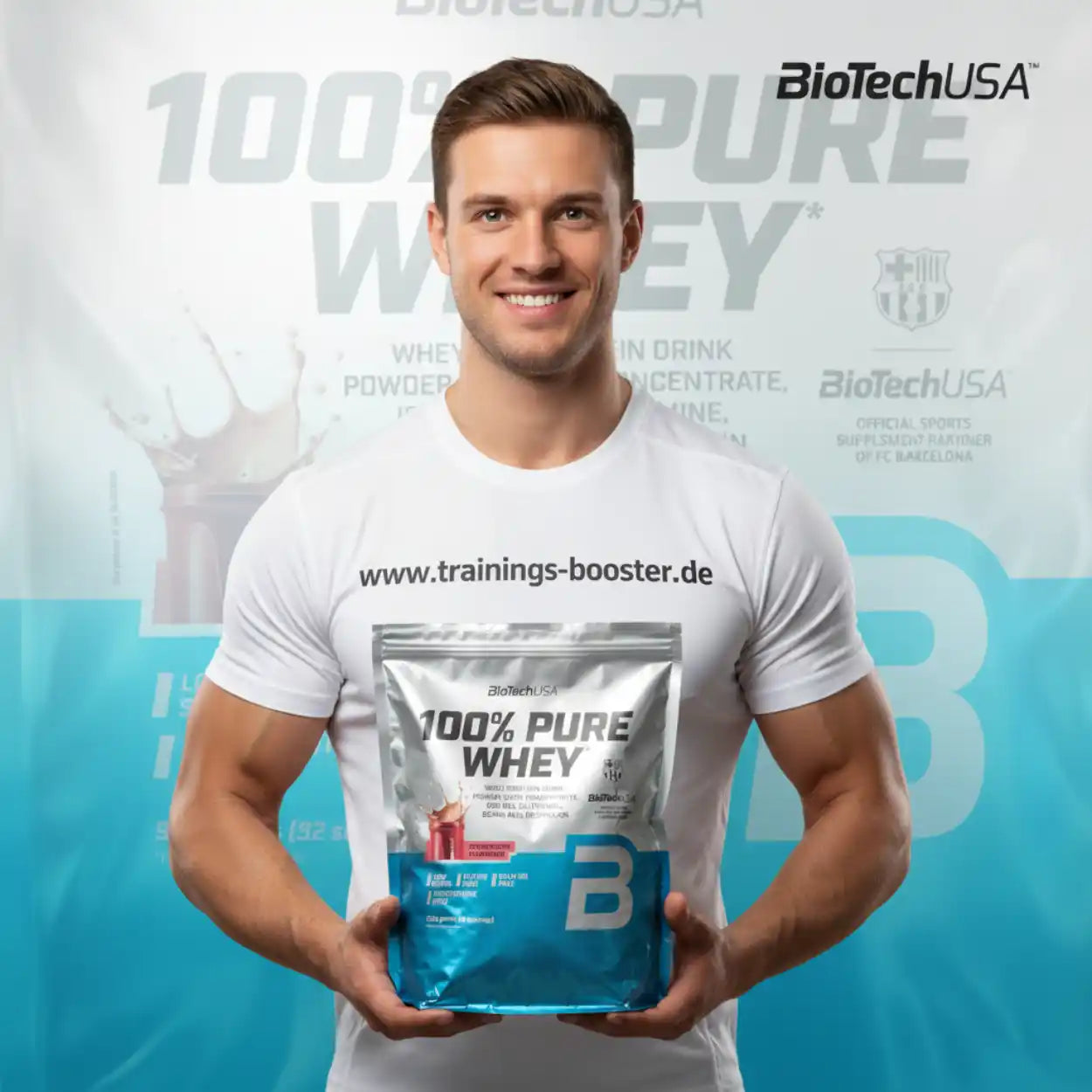 Muskulöser Mann mit BioTechUSA 100% Pure Whey Protein für Sport und Fitness