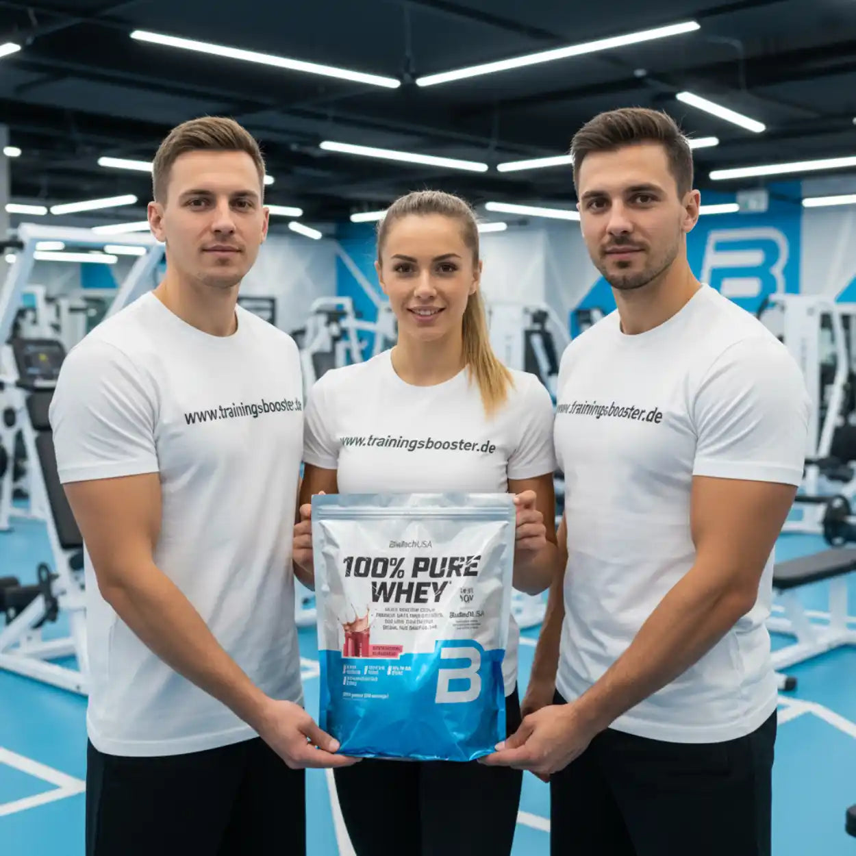 Drei Personen präsentieren 100% Pure Whey Protein in Fitnessstudio, ideal für Sportler und Muskelaufbau