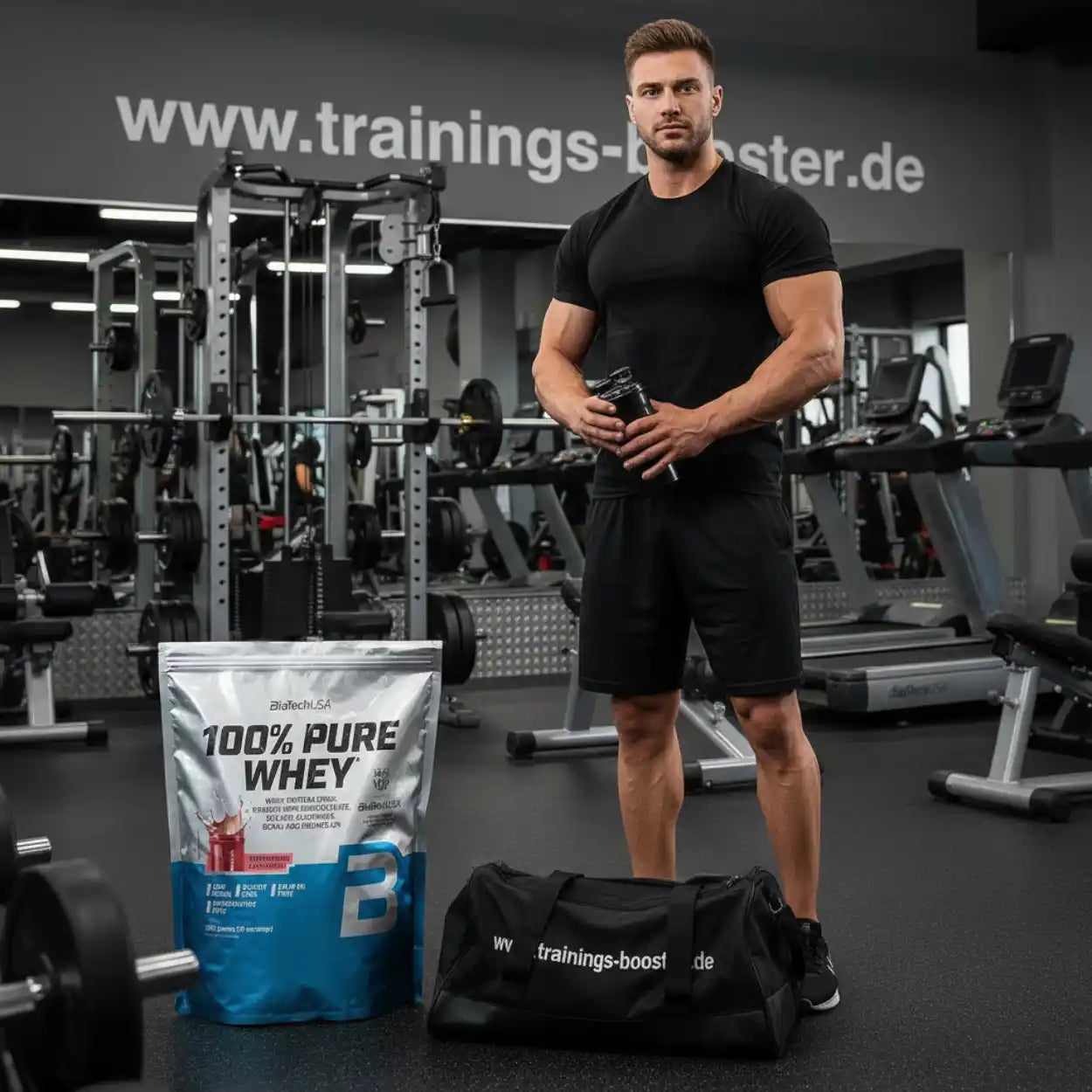 Muskulöser Mann im Fitnessstudio mit 100% Pure Whey Protein und Trainingsbag – ideal für Sportler und Fitness-Enthusiasten.