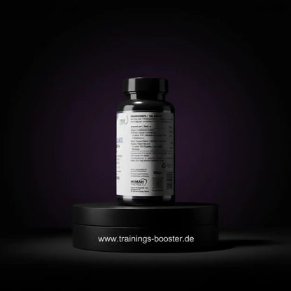 Nahrungsergänzungsmittel in schwarzer Flasche mit Zutatenliste, ideal für Sportler und Fitness-Enthusiasten