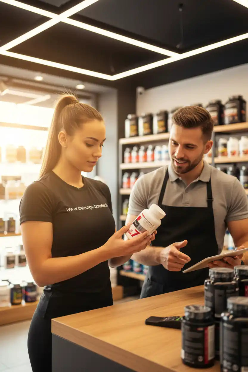 Frau und Mann im Sportnahrungsgeschäft mit Nahrungsergänzungsmitteln und Booster-Produkten