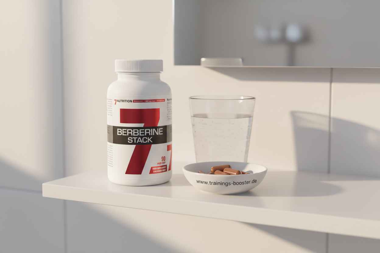 Berberine Stack Nahrungsergänzungsmittel mit Kapseln und Wasser auf weißem Regal