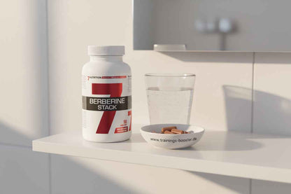 Berberine Stack Nahrungsergänzungsmittel mit Kapseln und Wasser auf weißem Regal