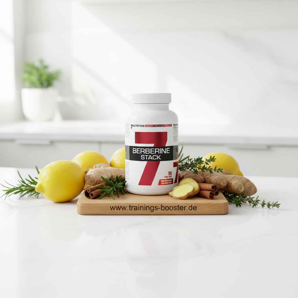 Berberine Stack Nahrungsergänzungsmittel mit Zitrone, Ingwer und Zimt auf Holzbrett