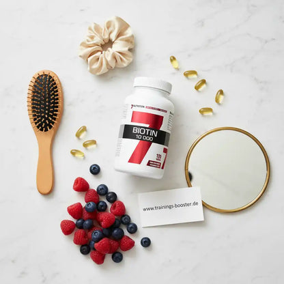Biotin 10.000 Kapseln für Haar- und Nagelpflege, umgeben von Beeren, Haarbürste und Spiegel auf Marmor