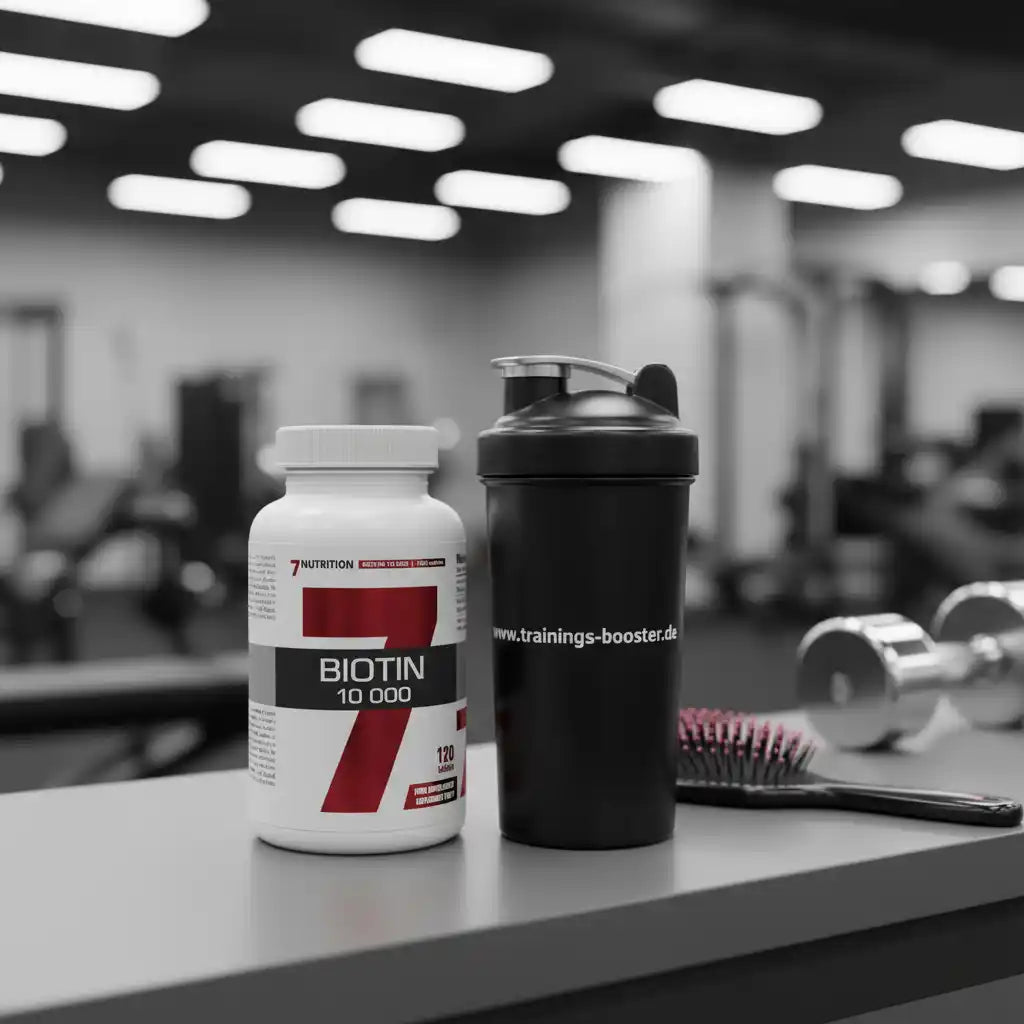 Biotin 10.000 Nahrungsergänzungsmittel und Shaker im Fitnessstudio für Sportler und Training