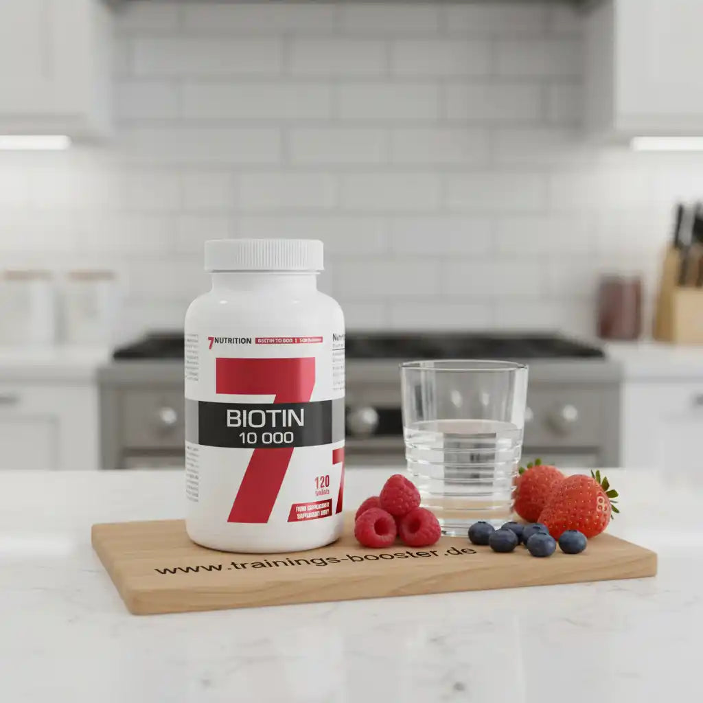 Biotin 10000 Nahrungsergänzungsmittel mit Beeren und Wasser auf Holzbrett in moderner Küche