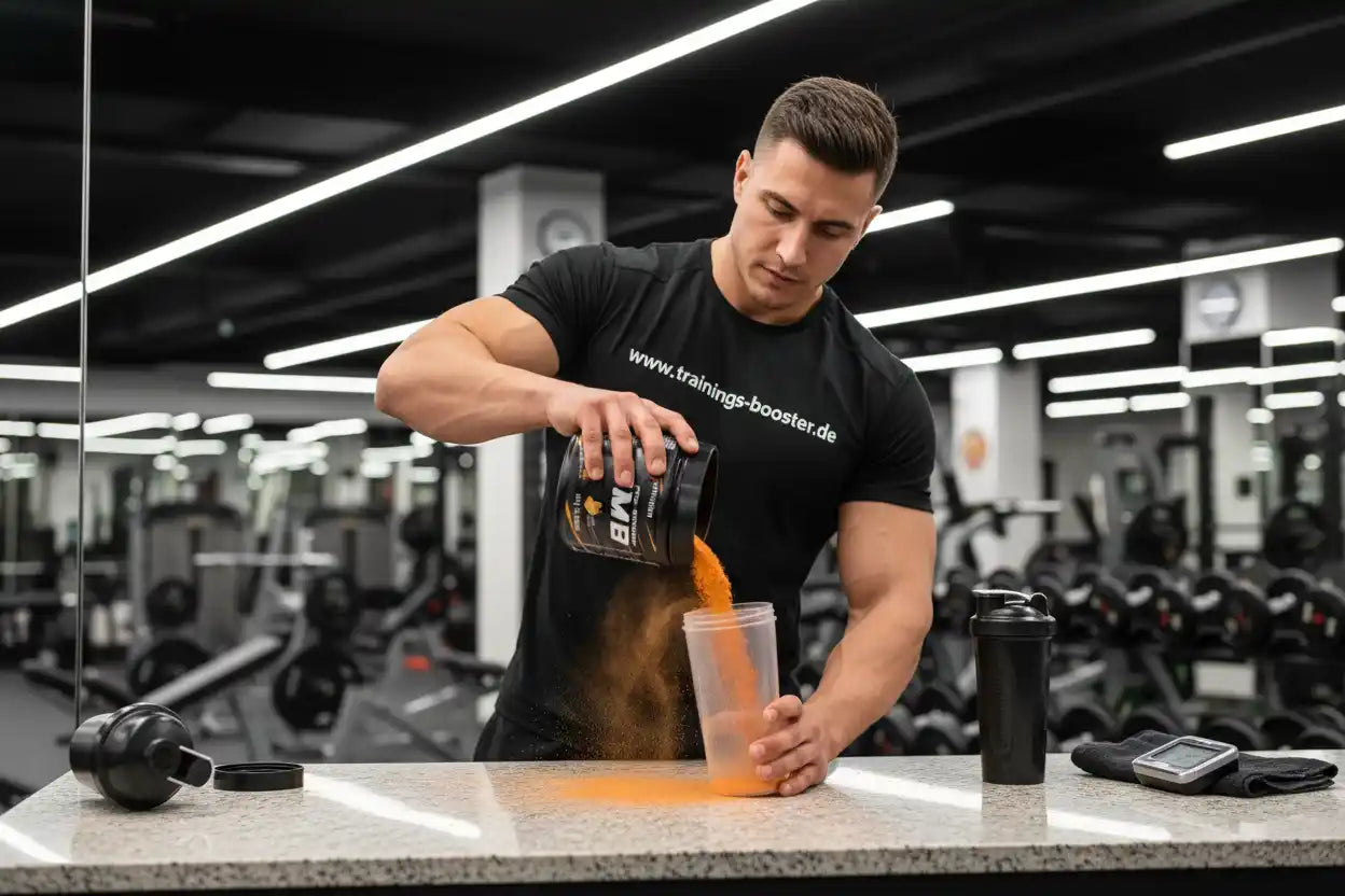 Muskulöser Mann gießt orangefarbenen Booster in Shaker im Fitnessstudio