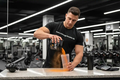 Muskulöser Mann gießt orangefarbenen Booster in Shaker im Fitnessstudio
