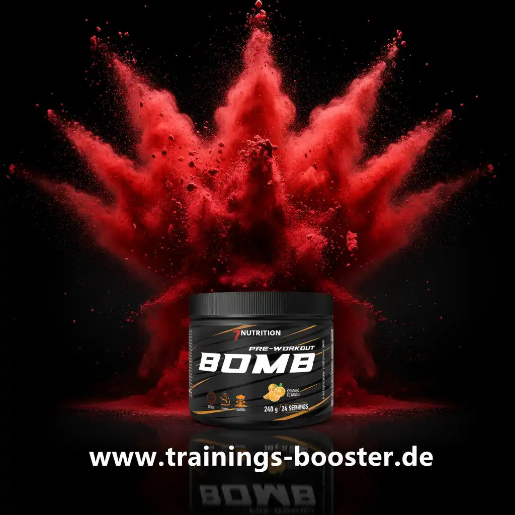 7 Nutrition Pre-Workout Bomb in Granatapfel-Geschmack mit explosivem rotem Pulver-Effekt