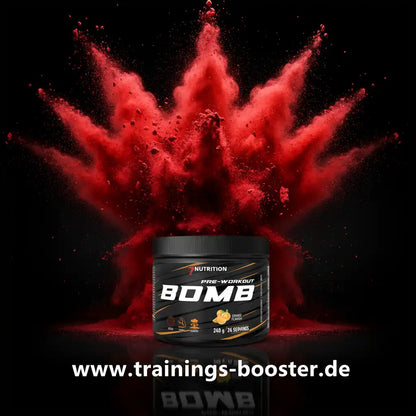 7 Nutrition Pre-Workout Bomb in Granatapfel-Geschmack mit explosivem rotem Pulver-Effekt