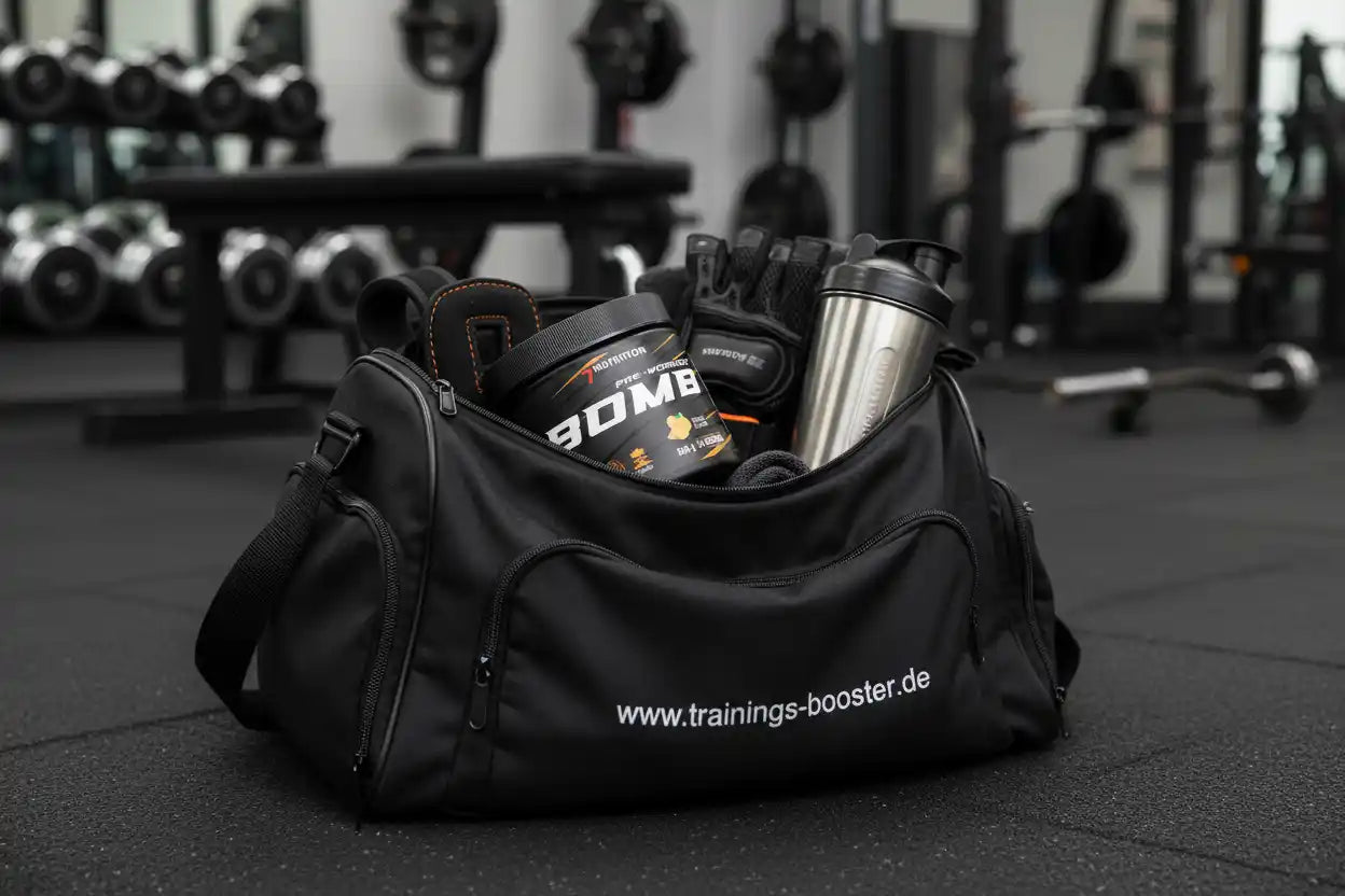 Schwarze Sporttasche mit Booster, Shaker & Trainingszubehör im Fitnessstudio