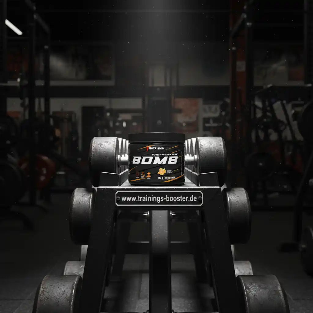 Pre-Workout Bomb Booster auf Hantelbank im Fitnessstudio, Energie für Training & Muskelaufbau