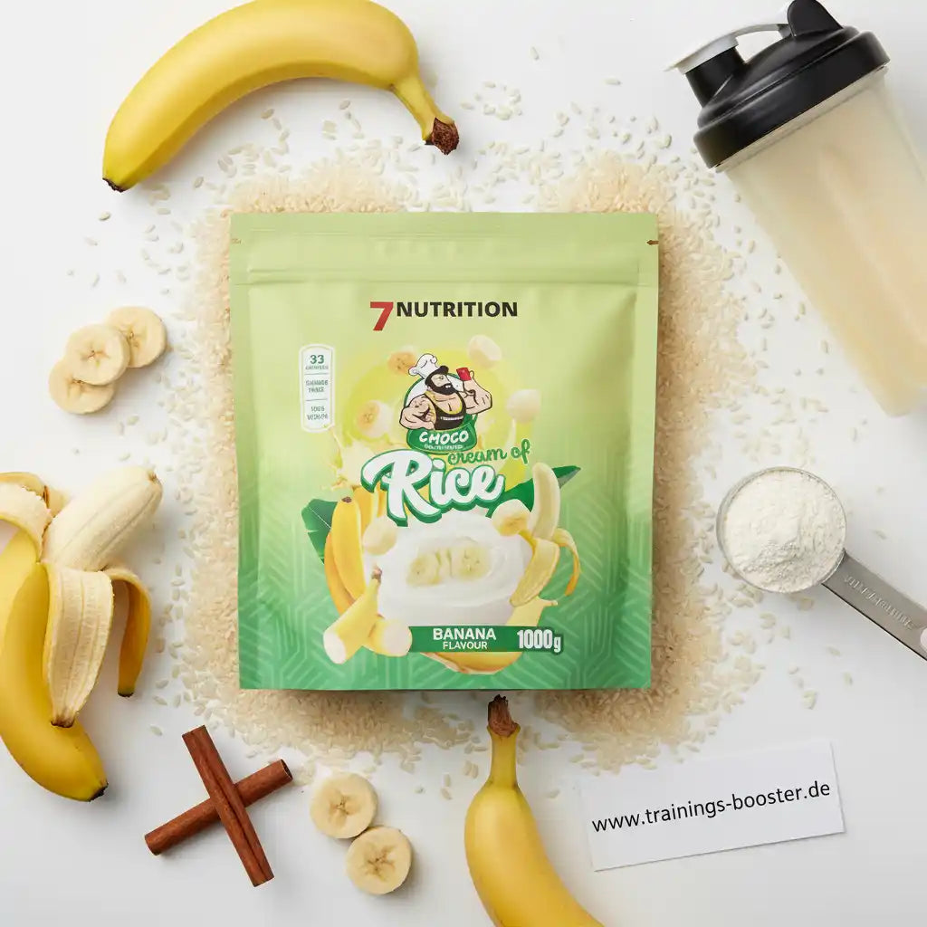 Banane Geschmack Reisprotein Pulver von 7Nutrition mit Shaker und Zimt