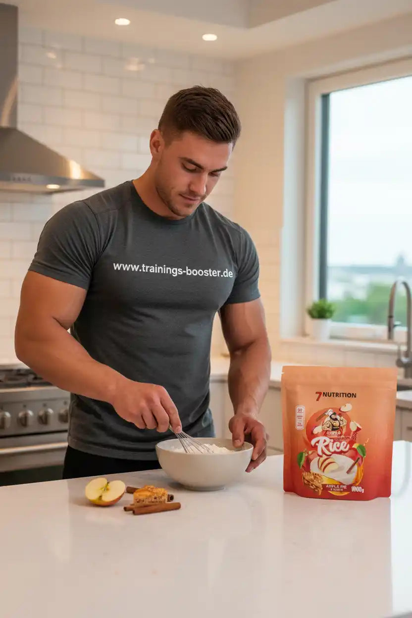 Muskulöser Mann bereitet Protein-Porridge mit Apfel und Zimt zu – ideal für Sportler und Fitness-Enthusiasten